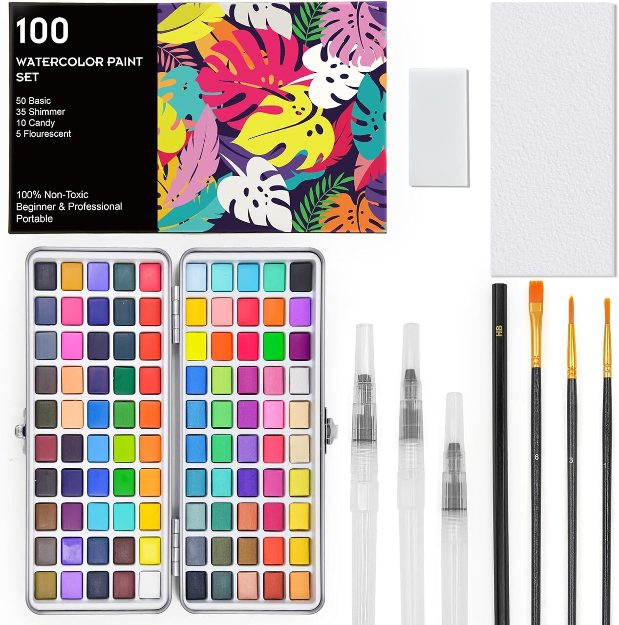 100 Colors Watercolor Paint Set, Including Metallic, Macarons, Fluorescent Colors, Water Brush Pen, Portable Palette